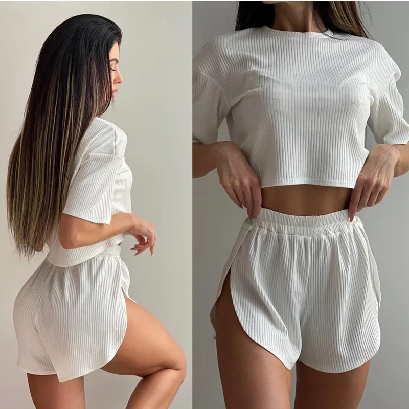 2025 New Casual Suit Round Neck Waist Short Sleeve Top Sexy Cross Shorts Two Piece Home Clothes Pajamas for Women