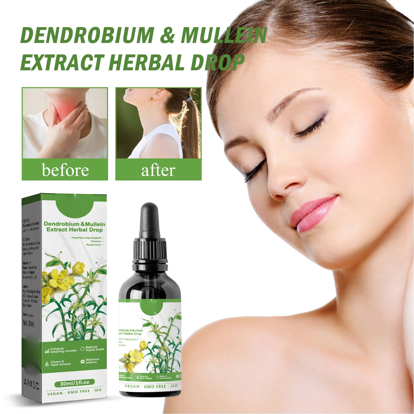 30ml Dendrobium Mullein Herbal Extract Drops Clear Breath Mucus Lung Support Serum for Health Care Clear Breath Herbal Serum