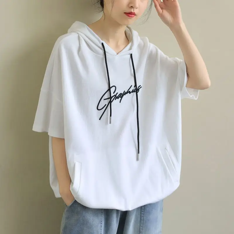 100% Cotton T Shirts Women Short-sleeved Embroidery Hooded T-shirt Summer Korean Style Loose Oversized Tops Fashion Trend Tshirt