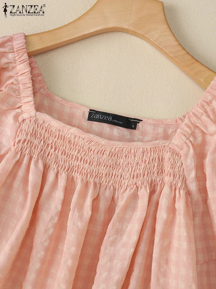 ZANZEA-Blusa de trabajo de manga corta con cuello cuadrado para mujer, camisa elegante de verano, Tops tipo túnica para vacaciones, camisa de gran tamaño 2025