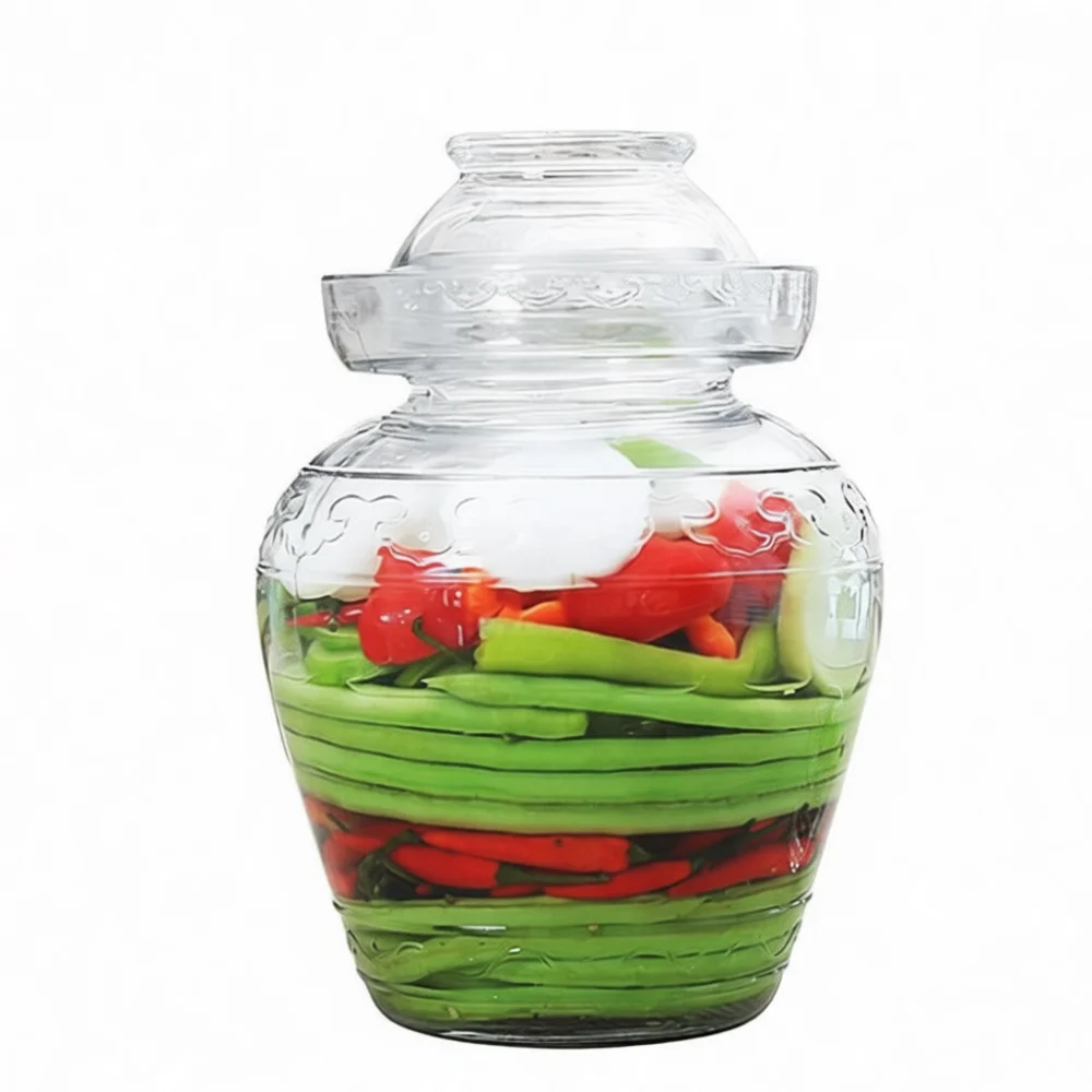 Glass Kimchi Crock Thickened Water Seal Jar Transparent Fermentation Container Embossed Design Home Kitchen Food Storage Box