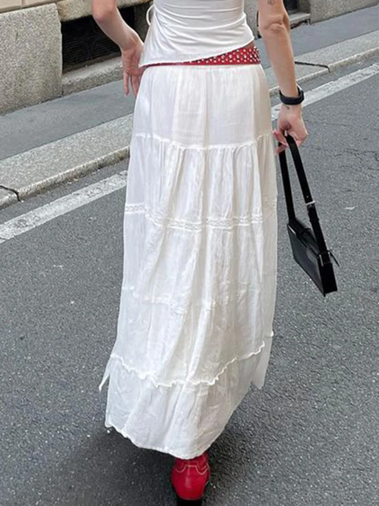 Weekeep Vintage Solid White Split Long Skirt Casual Low Rise Harajuku Loose Summer Midi Skirts For Women y2k Cute 2000s Outfits