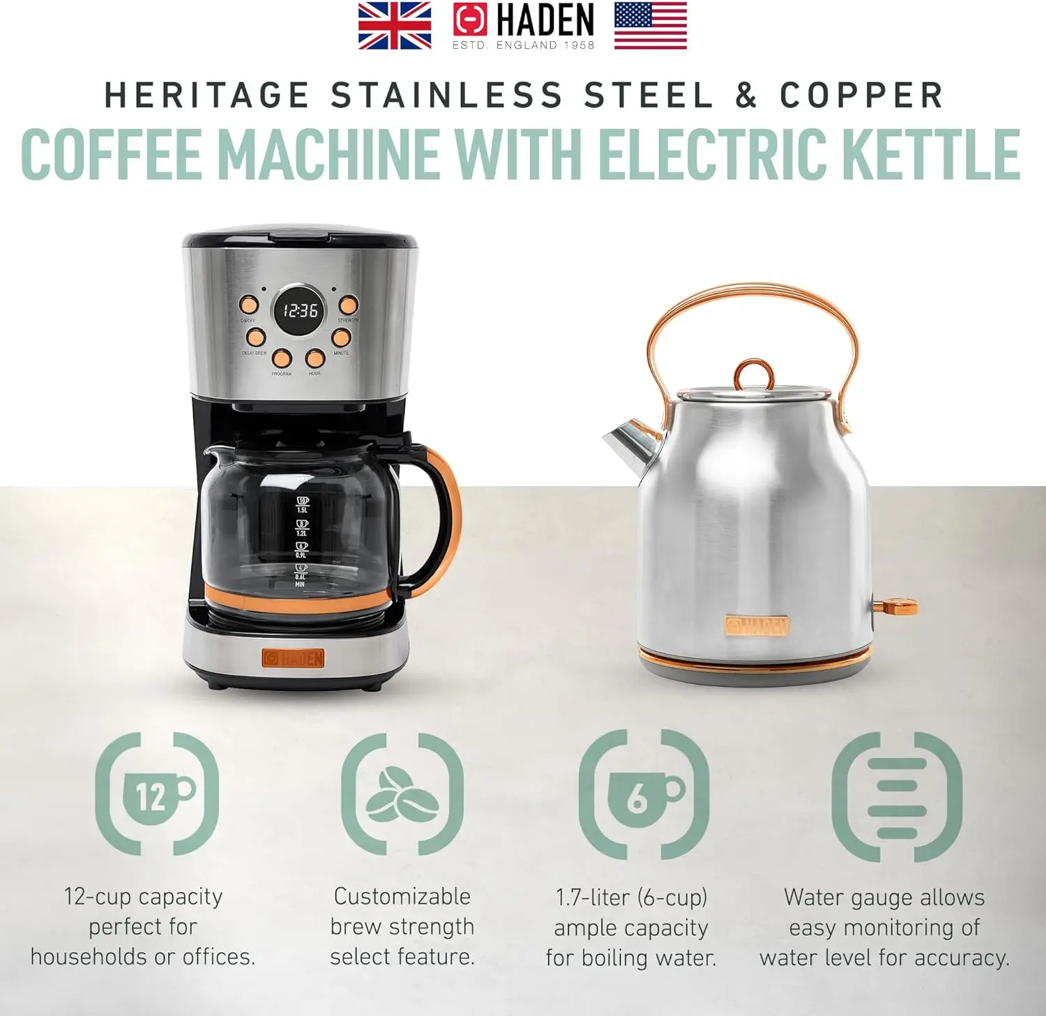 Bollitore elettrico Heritage da 1,7 litri in acciaio inossidabile con caffettiera a goccia da 12 tazze, macchina da caffè con spegnimento automatico, Ste