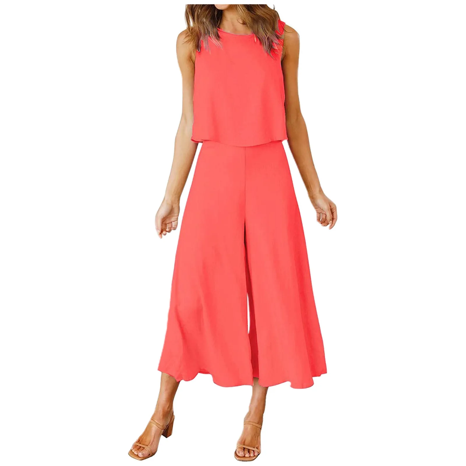 Women'S Fashion Simple 2-Piece Clothing Crew Neck Shoulder Sleeveless Top Solid Color Wide Leg Pants Set Simple Aesthetic Suit