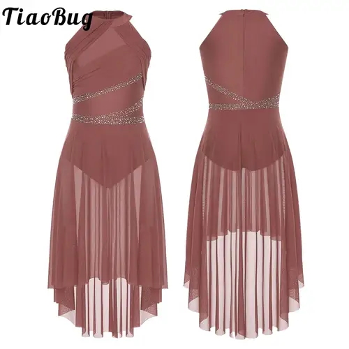 Vestido de baile lírico moderno para mujer, leotardos de gimnasia y Ballet con diamantes de imitación de tul alto y bajo, disfraz de actuación de patinaje artístico