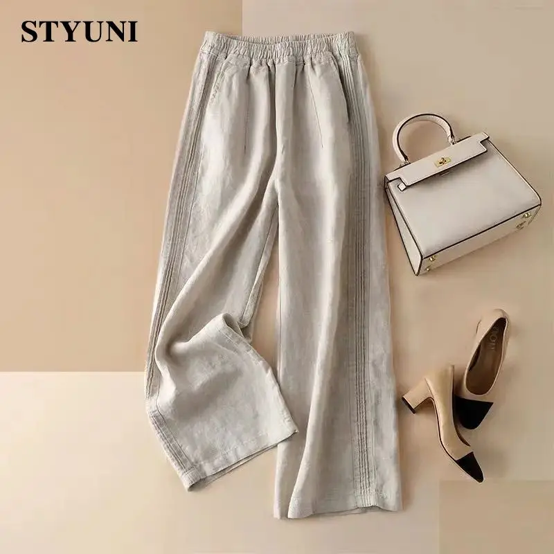 Blue Straight Side Stripe Line Cotton Linen Trousers Women's Pants 2022 Summer High Waist Drape Loose Casual Pants For Women