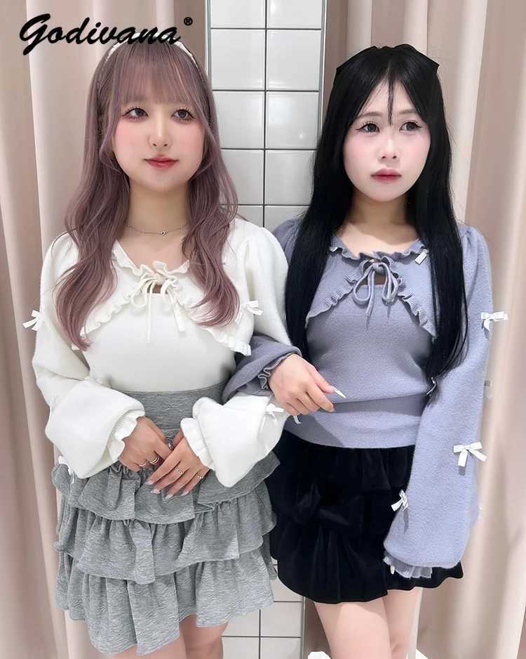 Japanese Style New Autumn Female Sweet Bow Fungus Edge Chest Strap Short Knitted Cardigan Suspender Vest Two-piece Set Sweaters