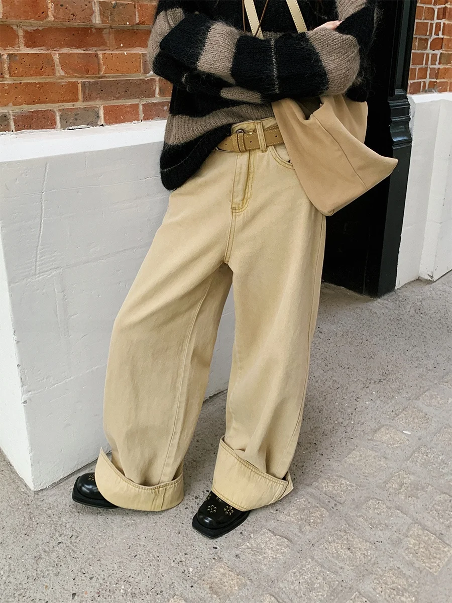 

Athflow джинсы цвета хаки с высокой талией и отложным принтом, женские зимние широкие повседневные брюки, винтажные свободные брюки без стрейч