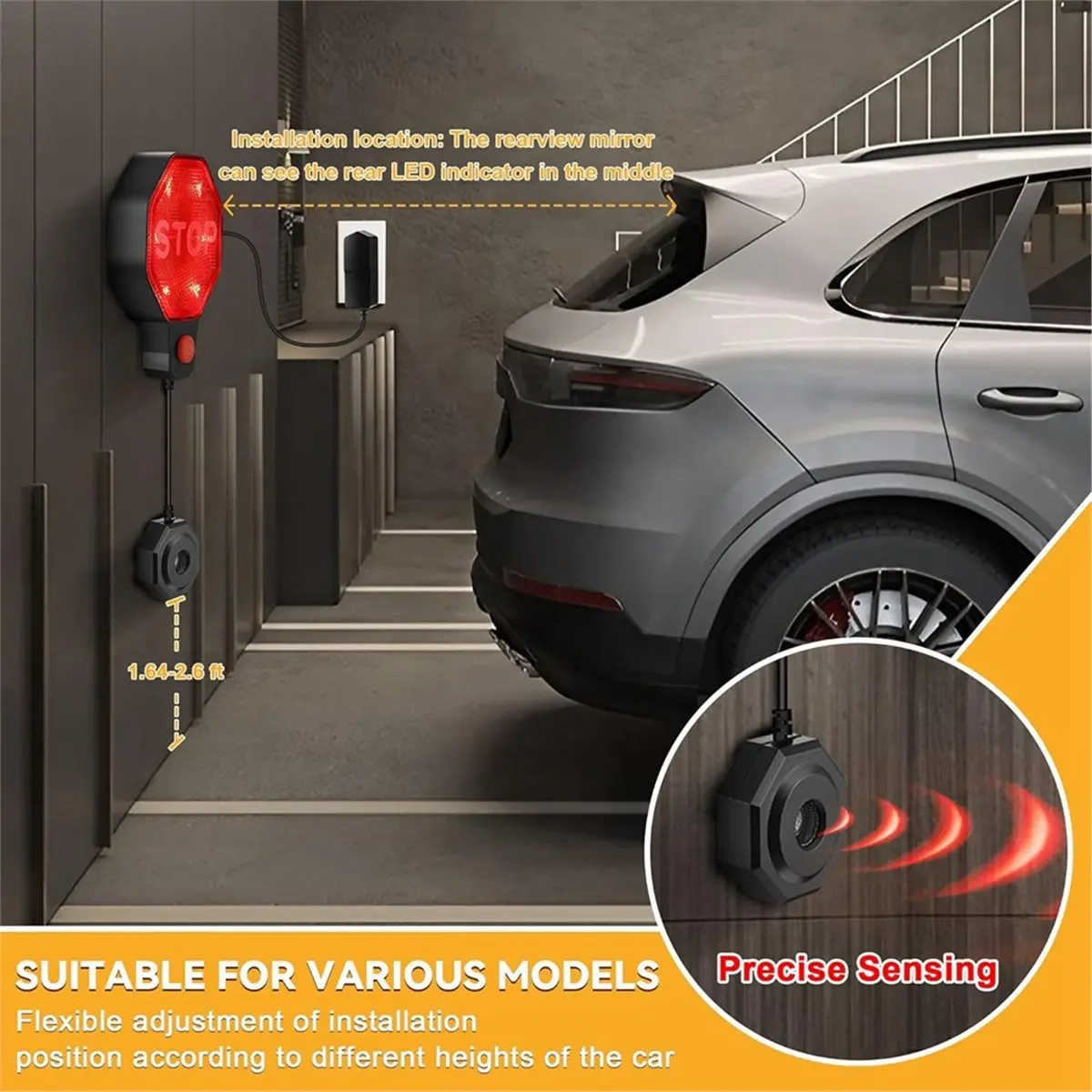 KSOL Adjustable Garage Parking Sensor Aid with LED Indicators, Parking Assist Sensor with Dual Power Options EU Plug