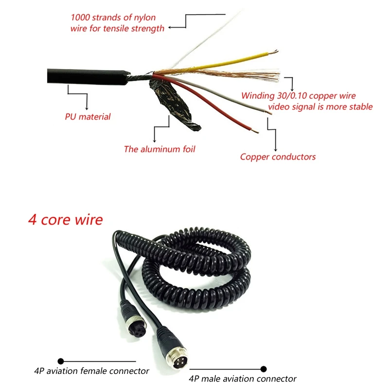 Car Video Aviation Spring Line 4-Pin Extension Cable For Rear View Camera Truck Trailer