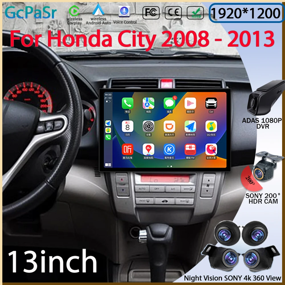 13inch For Honda City 2008 - 2013 Car Android 13 Auto WIFI Stereo No 2din Radio Multimedia Carplay Video Radio Touch QLED IPS BT