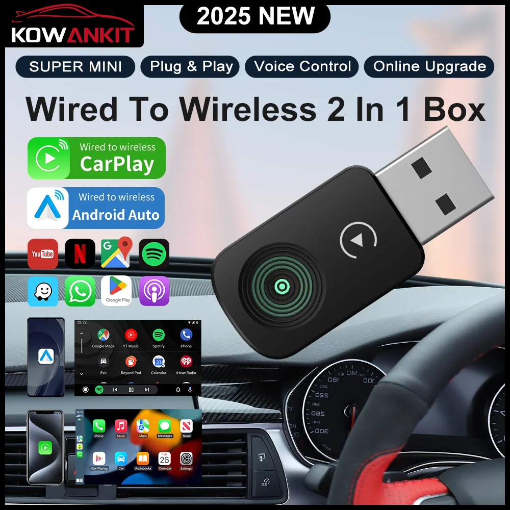 محول Carplay اللاسلكي Android Auto 2025 الصغير، التوصيل والتشغيل يناسب السيارات من 2016 وiPhone IOS 10+ وAndroid 11+، 2 في 1 - K8 MINI