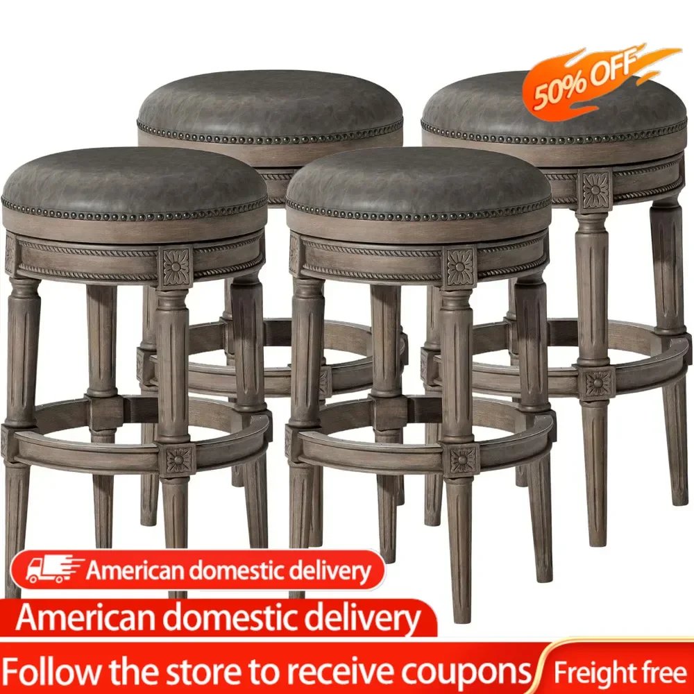 

Tall Bar Height Upholstered Backless Barstool in Reclaimed Oak Finish with Ronan Stone Vegan Leather Cushion Seat, Set of 4