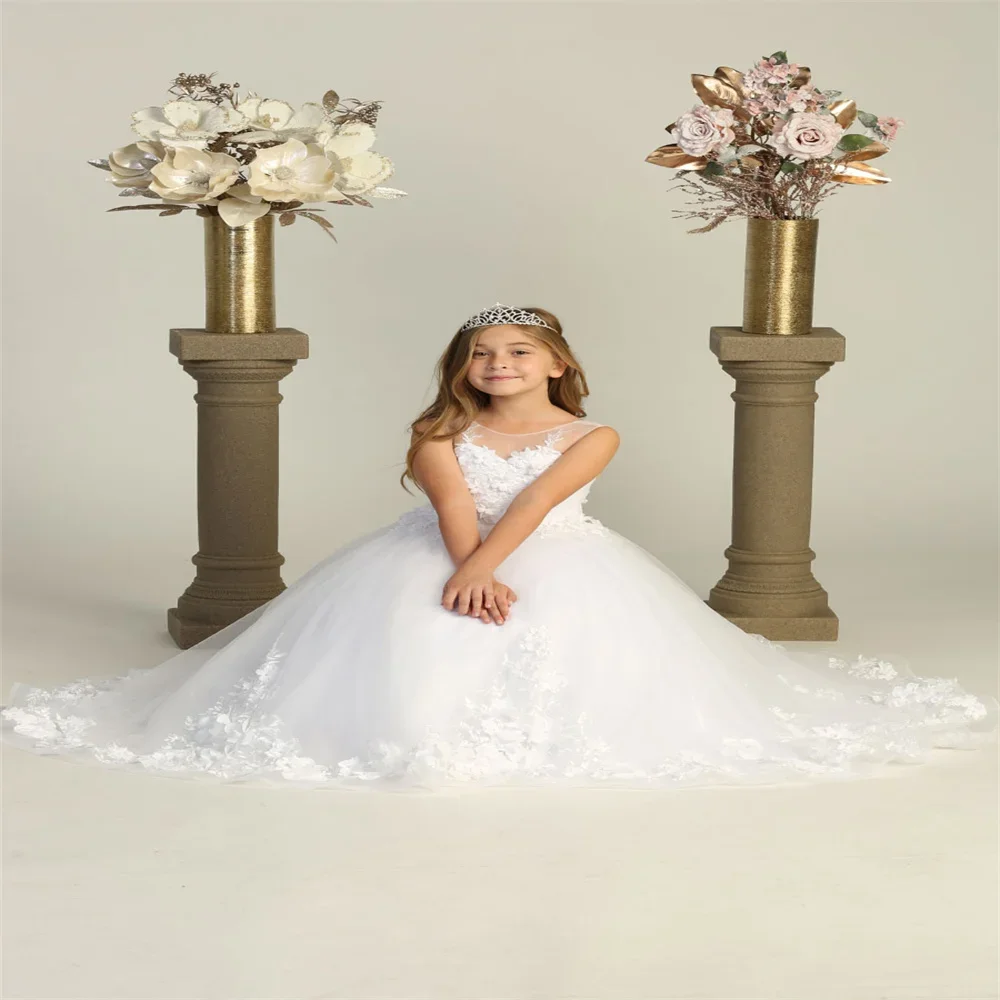 

CustomizedWhite Elegant Trailing Flower Girl Dress Lace Appliqué Fluffy Celebration Party First Communion Formal Dress Event