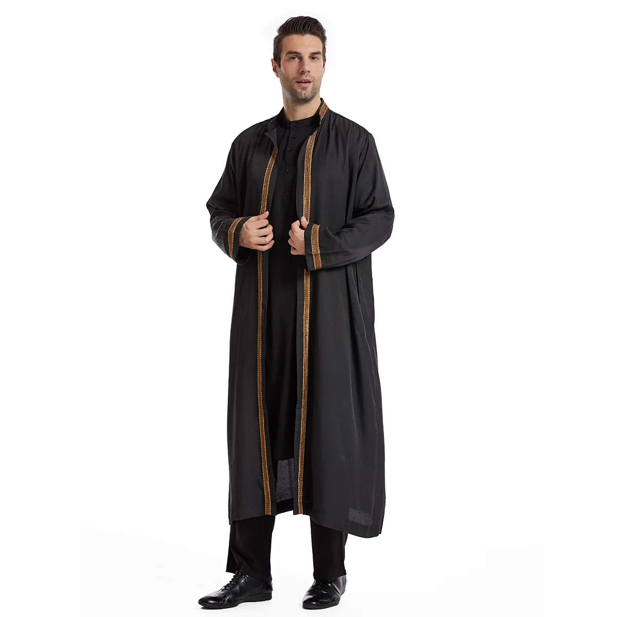 Manto longo listrado para homens, trajes árabes, roupas islâmicas, roupas muçulmanas, kaftan marroquino, túnica casual, vestimenta do Oriente Médio,