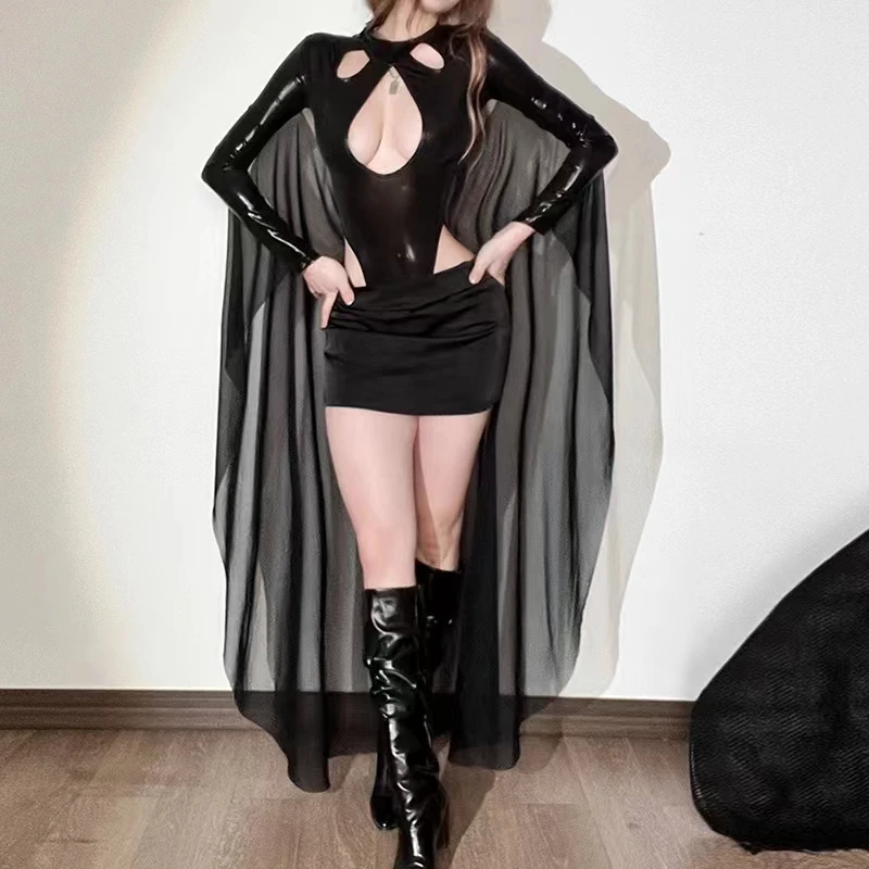 Nightclub Bar DJ Female Singer Leading Dance Solid Color Spicy Girl Hollow Top Sexy Slim Fit Mesh Cloak One Piece Stage Dress