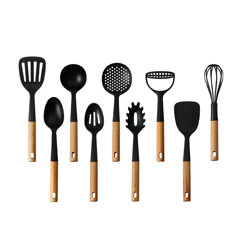 Simple beech handle nylon kitchenware Cooking tools Non-stick pot spatula soup spoon Kitchen 9-piece set