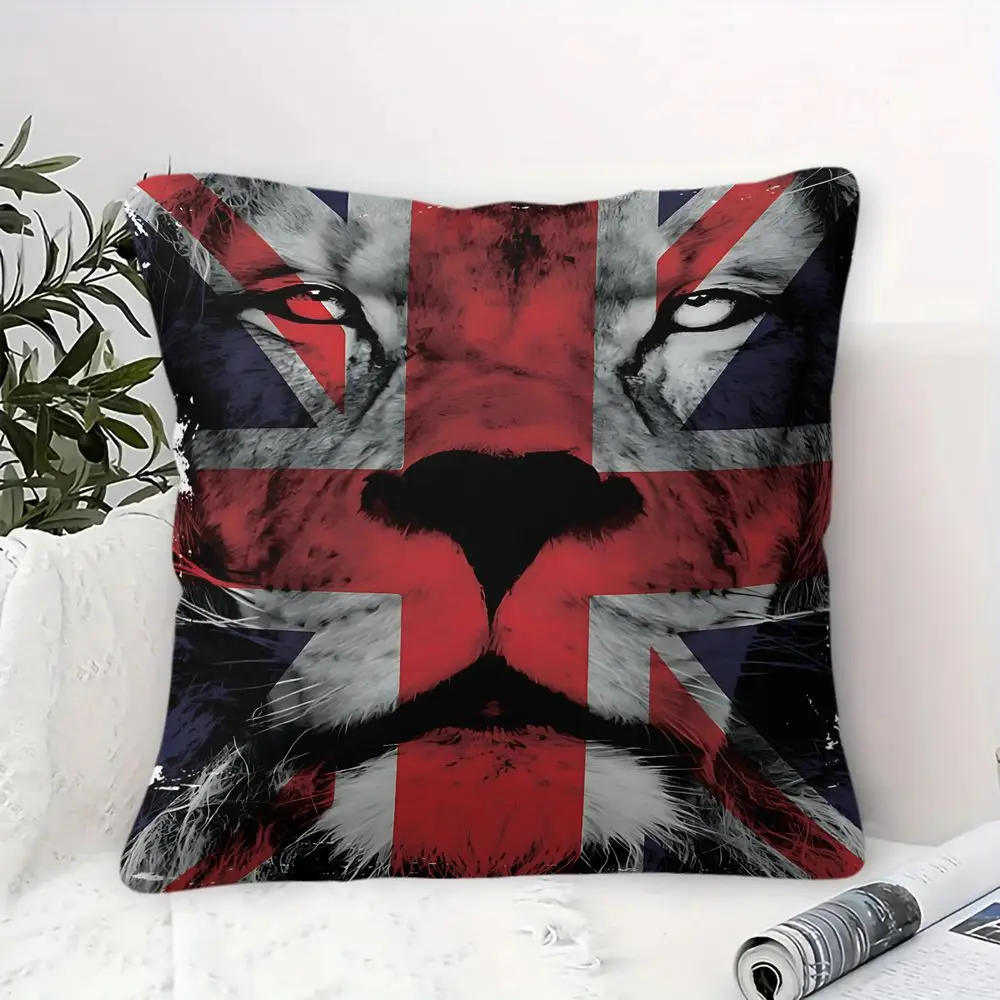 UK Flag Lion Face Print Throw Pillow Cushion Accent Pillow 45×45cm Includes Pillow Core British Style Man Cave Sofa Pillow