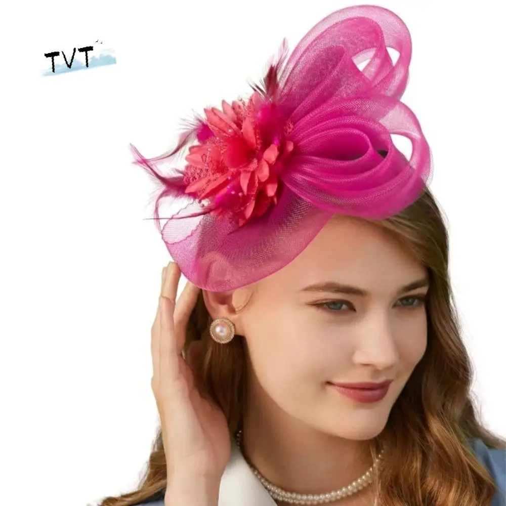 정장용 작은 탑햇 헤어밴드 고급 영국 레트로 칵테일 신부 메쉬 리본 모자 귀걸이 포함 정교한 디자인
