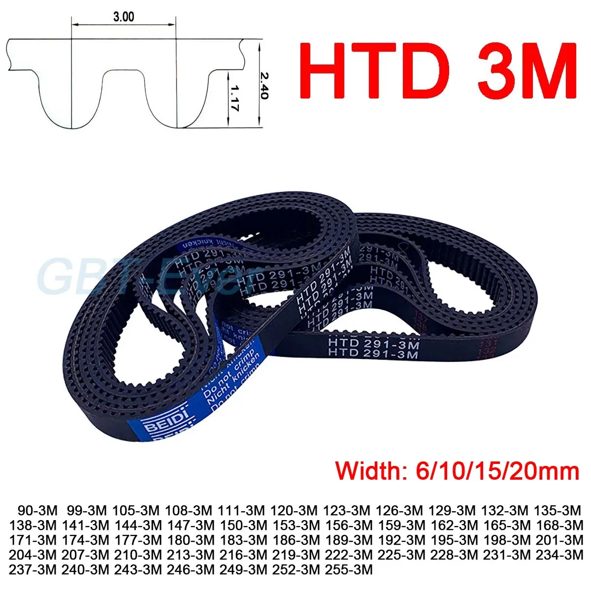 1Pcs Width 6/10/15/20mm 3M Rubber Arc Tooth Timing Belt Pitch Length 90/95/105/108/111/120/123/126-255mm Synchronous Belt Closed