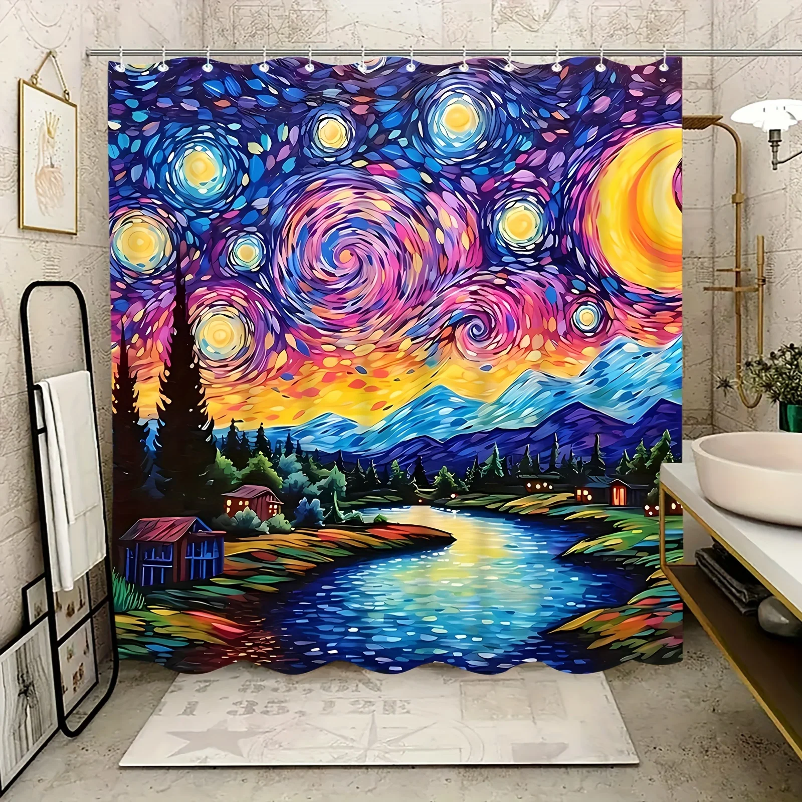 

Vintage Van Gogh Starry Night Shower Curtain, Vibrant Blue & Purple Sky, Tranquil River Landscape, Polyester, All-Season Decor