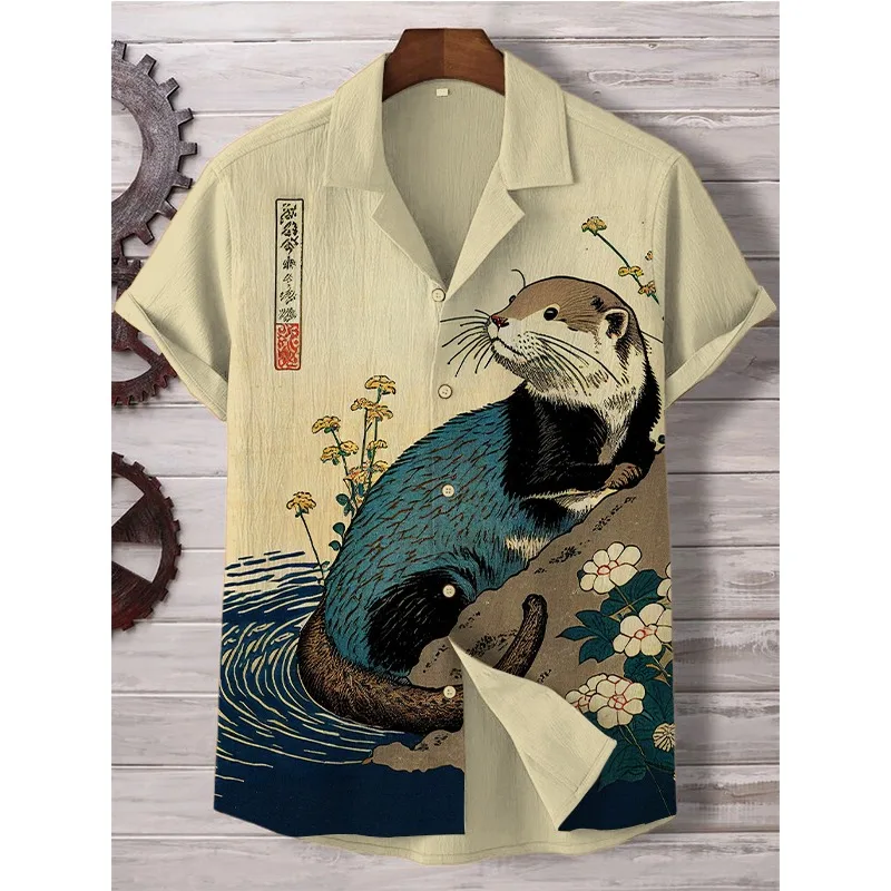 Men's Floral Otter Water Japanese Art Print Casual Shirt Harajuku Summer Hipster Button Down Shirts Holiday Hip Hop Streetwear