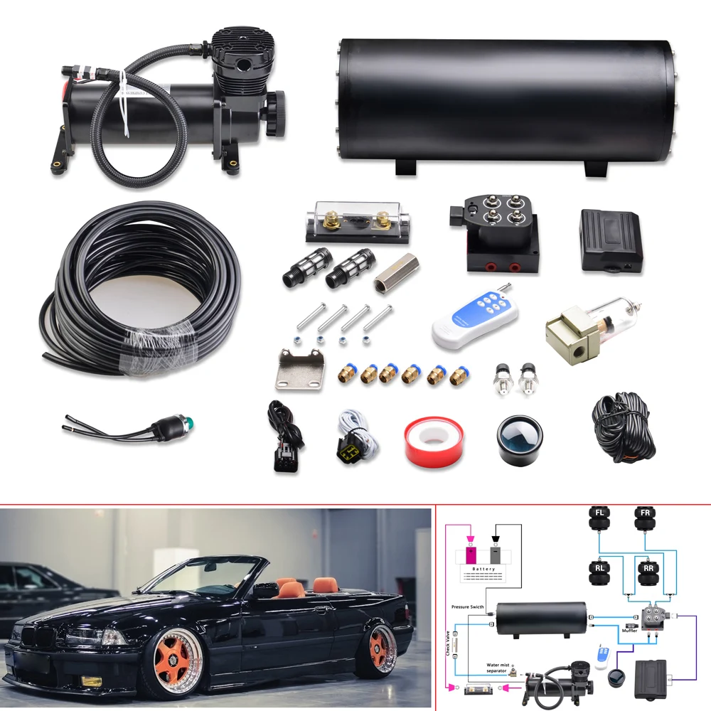 Universal Air Ride Suspension System Kit with Air Tank ,Air Compressor,Dual Air Pressure Gauge One Click Down Rmote Kit