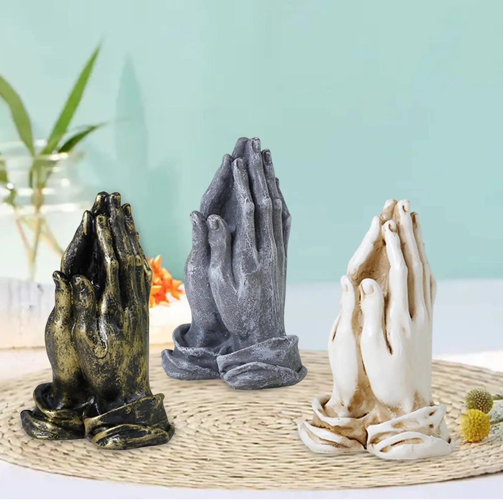 Praying Hands Figurine Resin Artwork Vintage Style Freestanding Hand Gesture Statue for Table Living Room Home Bedroom Decor