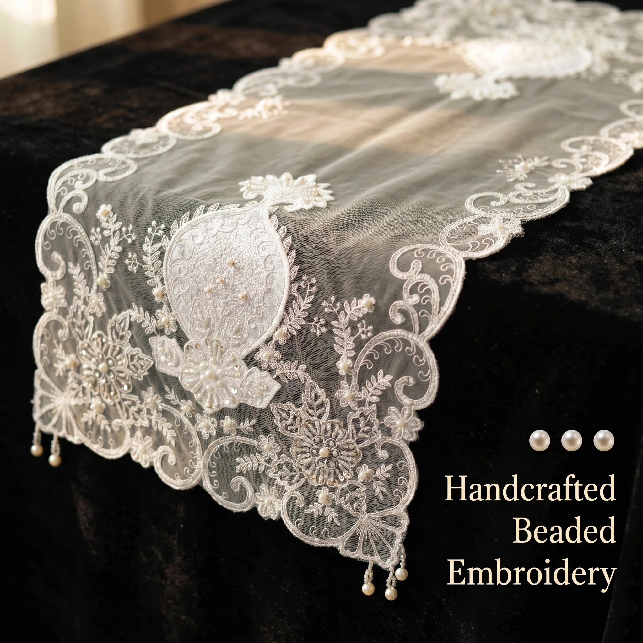 3d Embroidered White Wedding Table Runner Pearl Trim Dust Cover Piano Decorative Wedding Party Home Decor