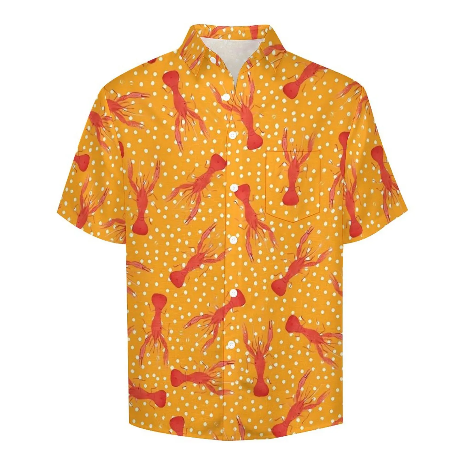 Red Lobster Blouses Male Yellow With White Polka Dots Casual Shirts Summer Short Sleeve Pattern Funny Oversize Vacation Shirt