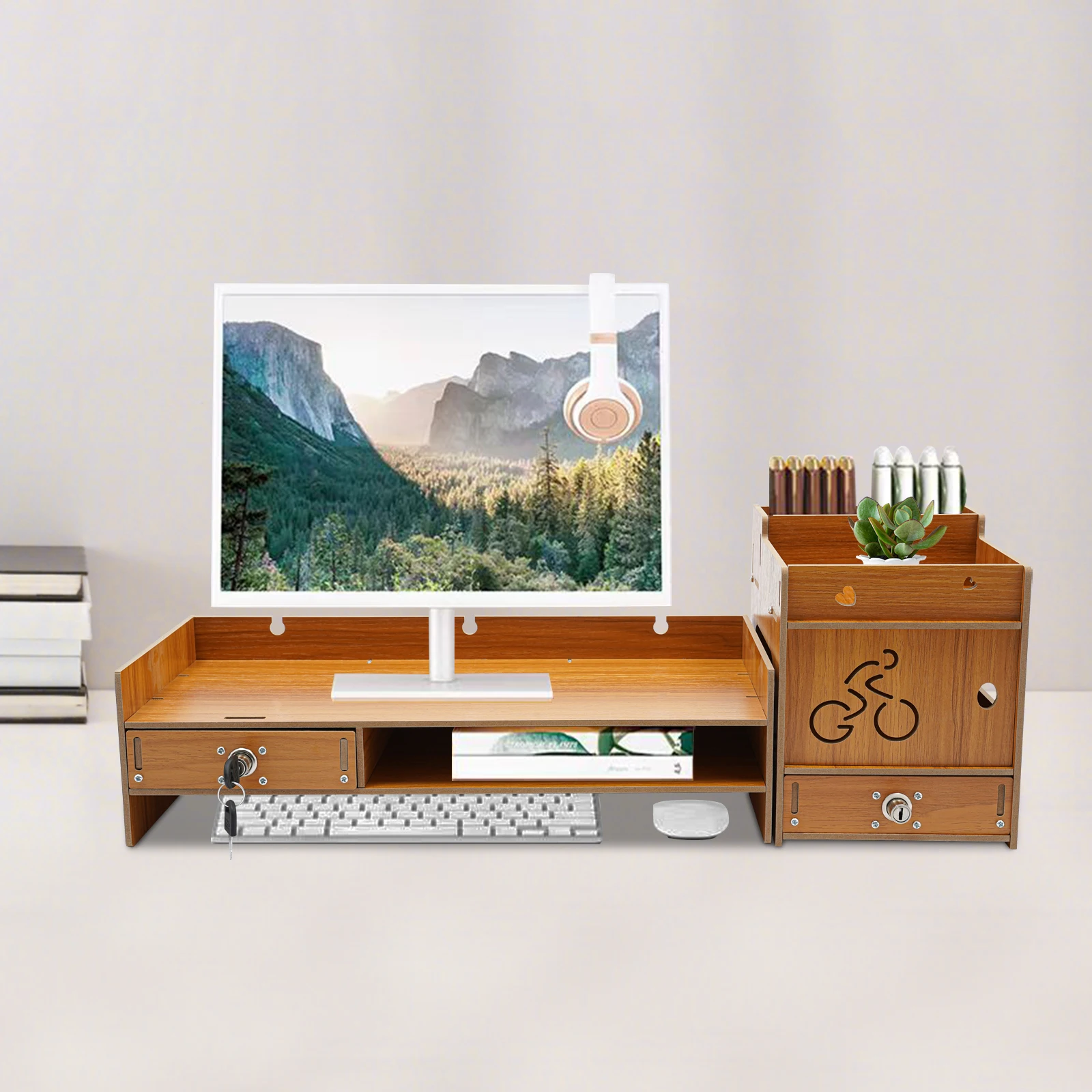 

48*20*13.5cm Computer Monitor Heightening Rack Double Drawer Lock Side Storage Rack Multifunctional Desk Stand