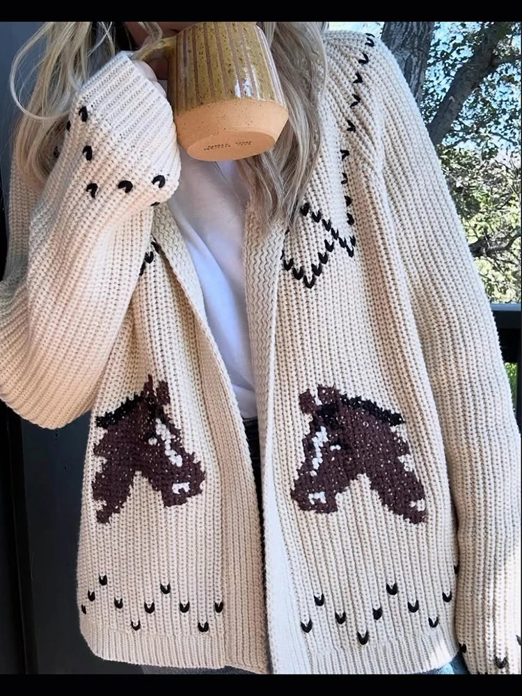 Vintage Western Pferdemuster Strickjacke für Damen Boho Langarm Offene Vorderseite Grober Pullover Retro Reitsport Strickoberbekleidung – Detail 1