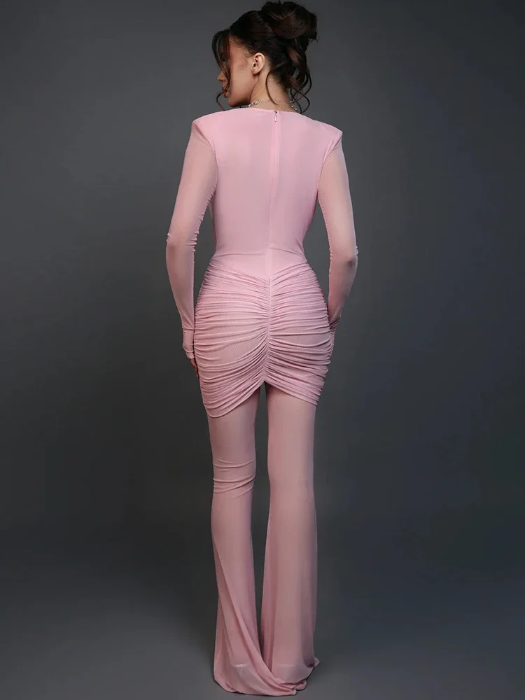 عميق الخامس الرقبة طويلة الأكمام مثير حللا النساء الخريف الشتاء المرقعة انظر من خلال Ruched نادي بذلة الحفلات الإناث