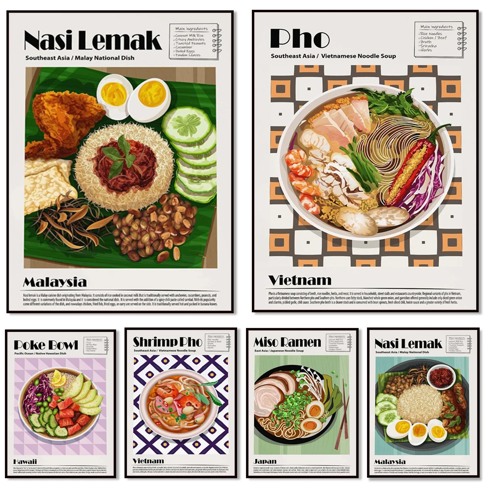 Soju coreano, fideos fríos, comida japonesa, onigiri, udon, yakitori, ramen, sopa miso, sushi, cartel de cocina de comida japonesa coreana