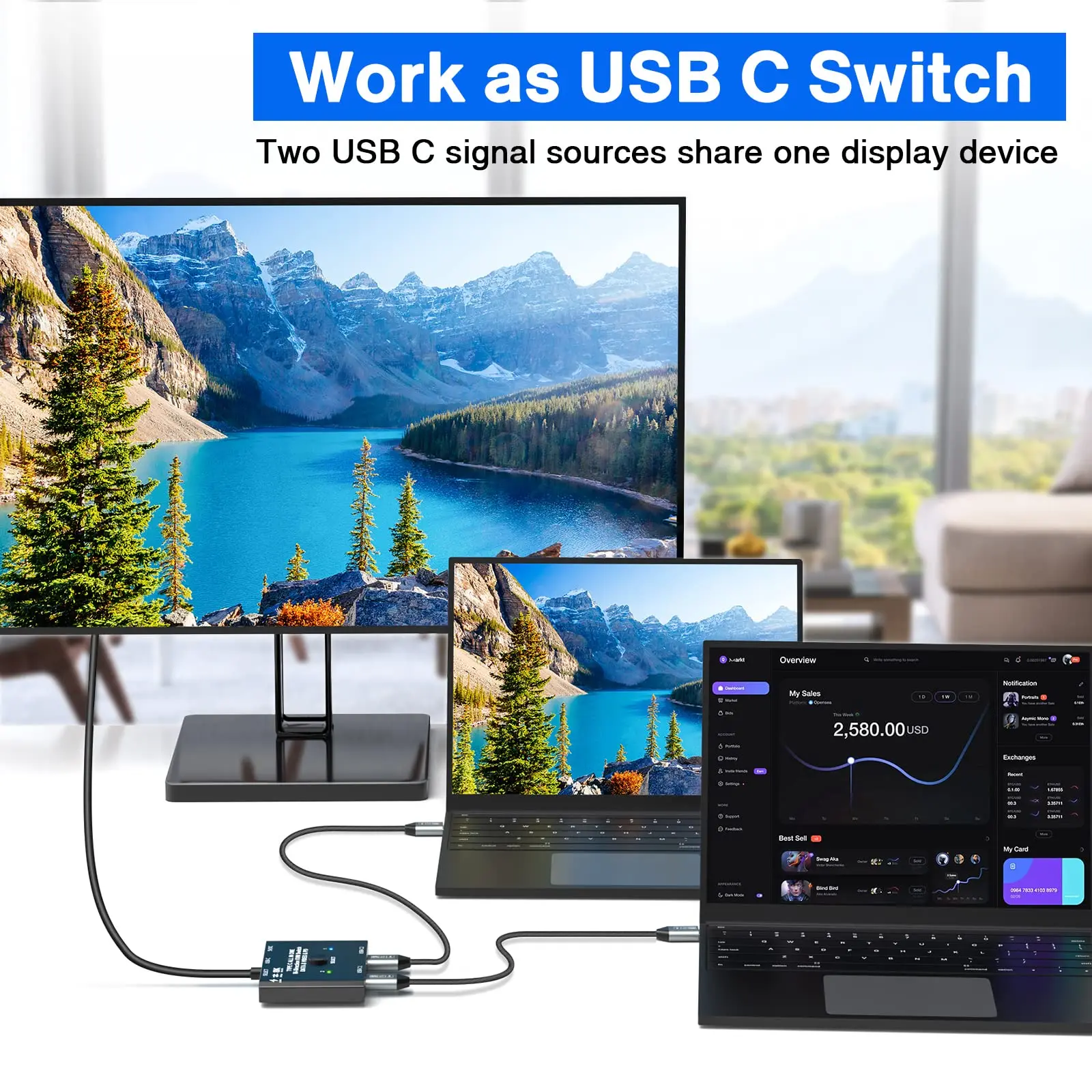 8K USB C 양방향 스위치, 1x2, 2x1 데이터 비디오 스위처, USB 3.1 PD 100W 스플리터, 컴퓨터 모니터용 다중 소스 KVM