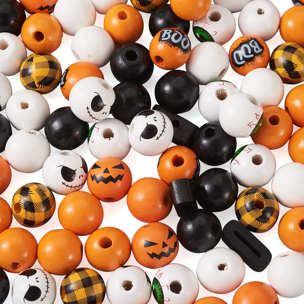 116pcs Round Large Hole Beads Natural Wooden Beads Halloween Pumpkin Word BOO Beads For DIY Jewelry Making Crafts Decorations