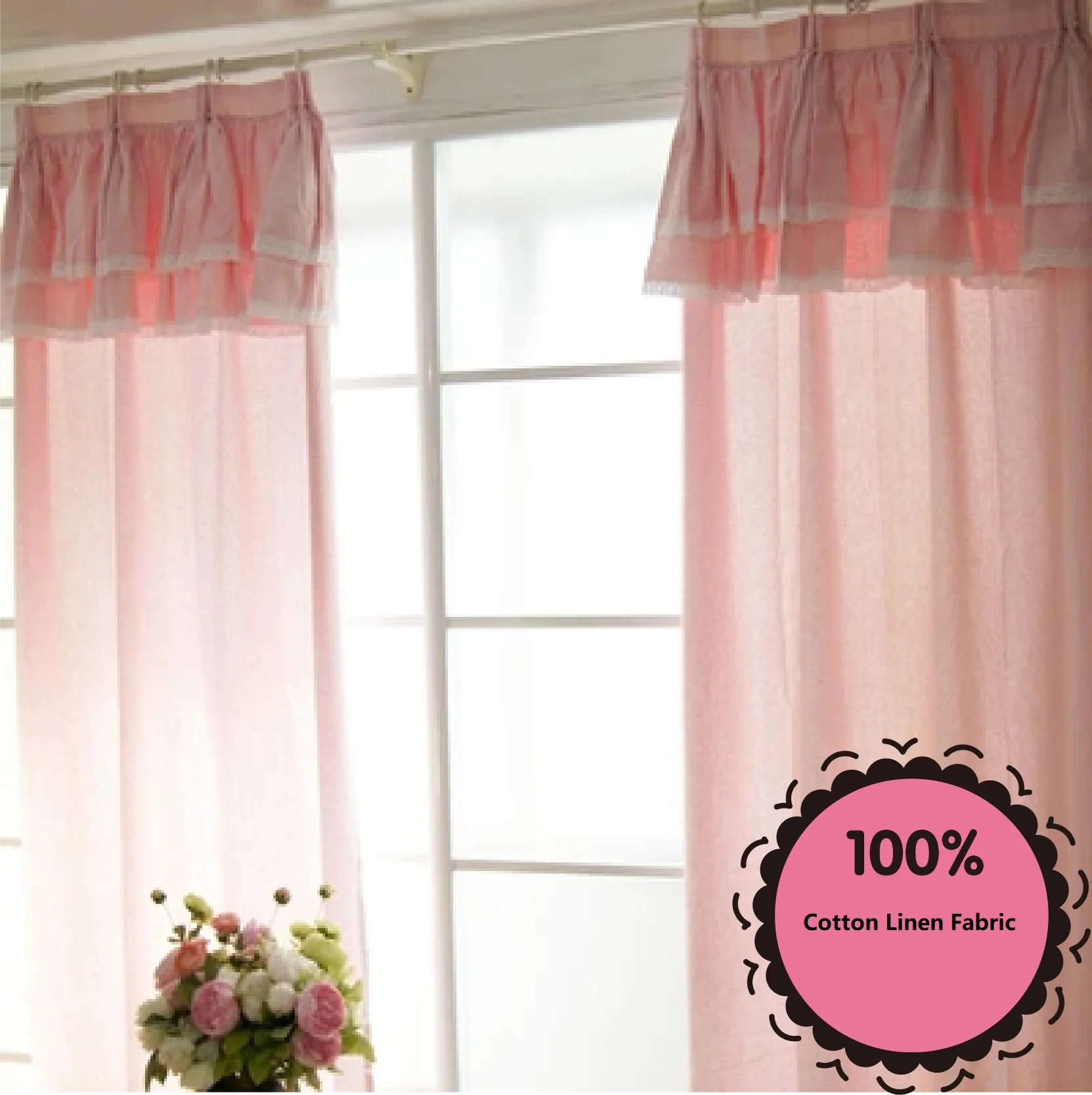 Korean Princess Pink Curtains with Lace Valance, 100% Cotton Fabric Fairy Curtain for Girl's Bedroom Eco-friendly Fabric Drapes