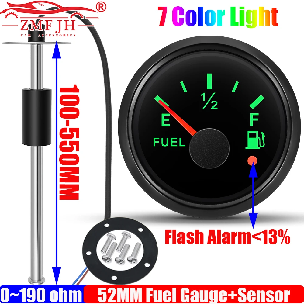 

Датчик уровня топлива ZMFJH с изогнутым стеклом 52 мм, 7-цветной индикацией и предупреждением, 100-550 мм, для бензиновых и дизельных автомобилей, лодок, яхт
