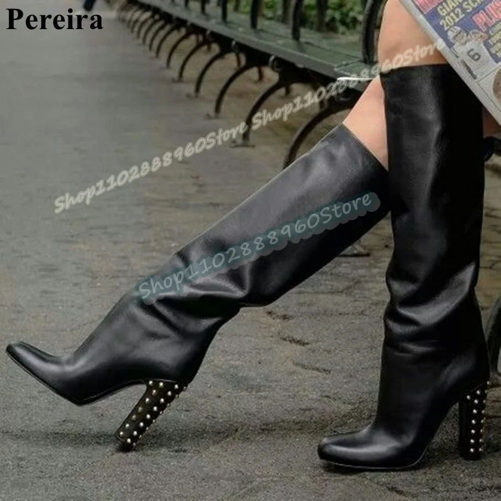 

Knee High Black Leather Crystal Heel Boots Chunky High Heel Women Shoes Slip On Pointed Toe Plus Size Casual Zapatos Para Mujere