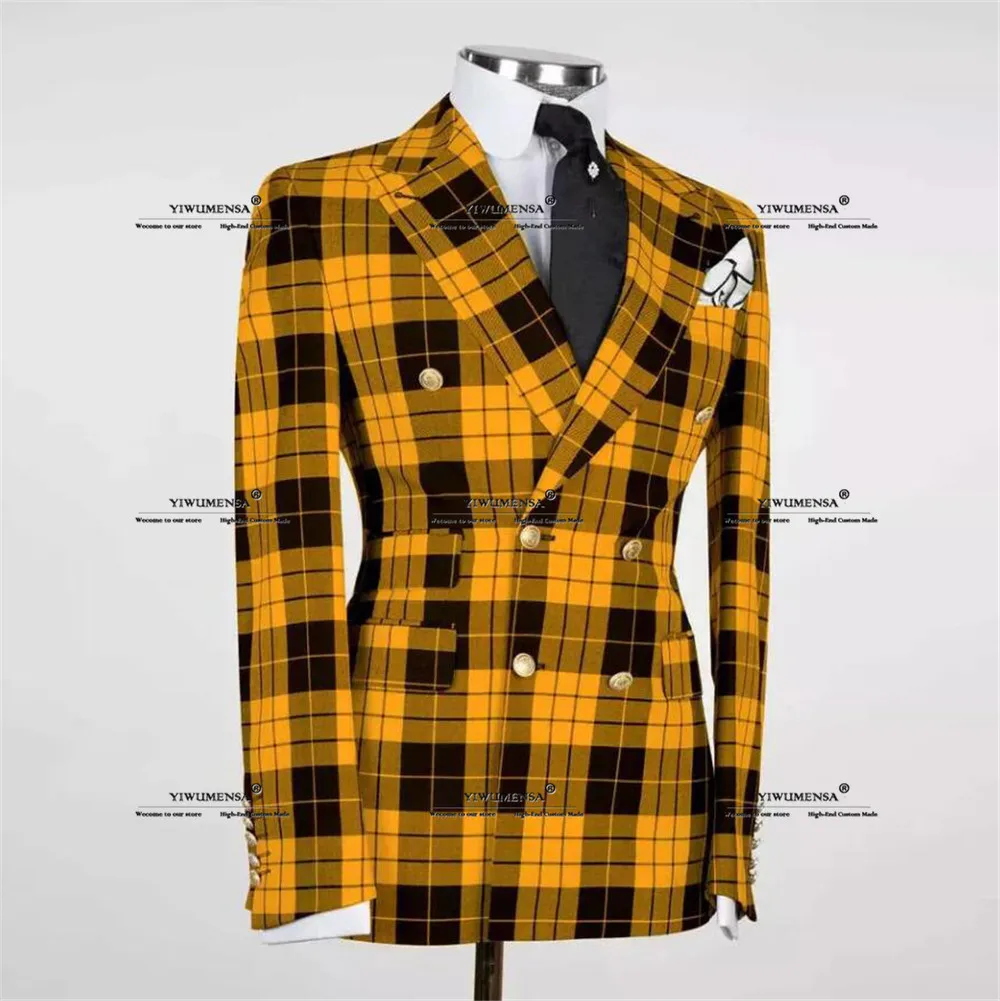 Plaid Check Suits Men Double Breasted Prom Blazers Formal Business Jacket Pants 2 Pieces Groom Wedding Tuxedos Terno Masculino