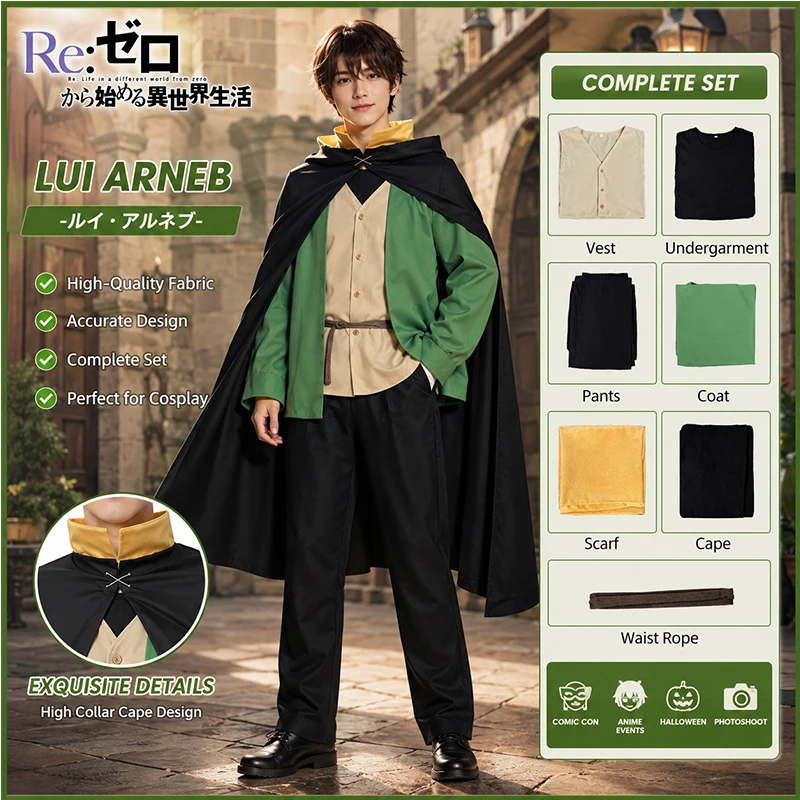 

Zero Anime Natsuki Subaru Cosplay Costume Black Cloak Vest T-shirt Pants Scarf Glove 486 Role Play comic con Cosplay Costumes