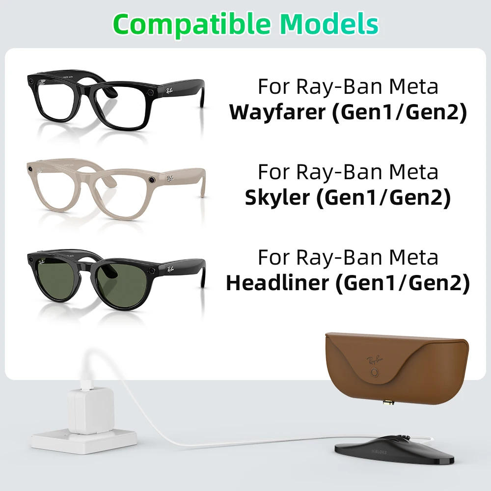 حامل شحن مغناطيسي HiBloks لعلبة شحن Ray-Ban Meta Wayfarer/Skyler/Headliner (الجيل 1 & 2) ملحقات النظارات الذكية