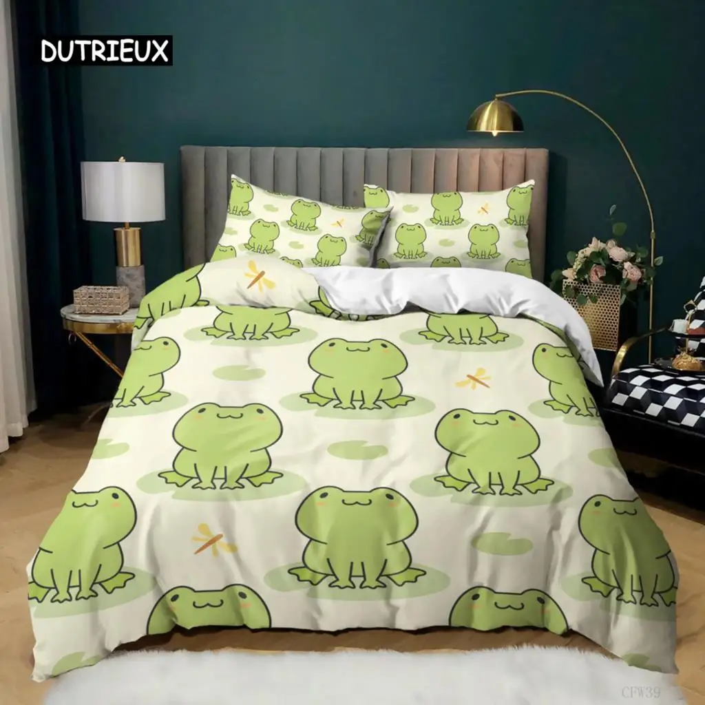 Cartoon Frog Duvet Cover Set Light Green Cartoon Frogs Cute Dragonfly Animal Bedding Set for Kid Twin Size Polyester Quilt Cover