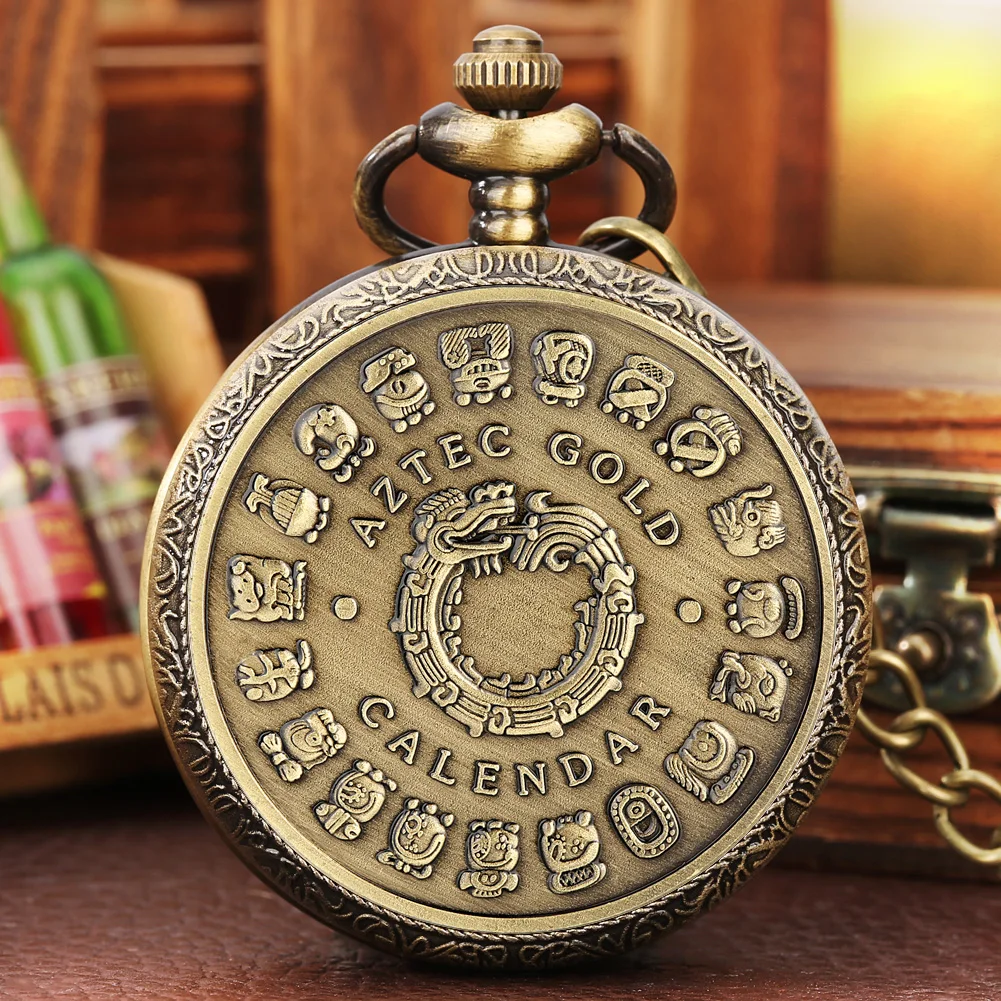 Aztec Gold Calendar Pattern Relief Display Bronze Quartz Pocket Watch Vintage Collection Pendant Fob Chain Pocket Timepiece Gift