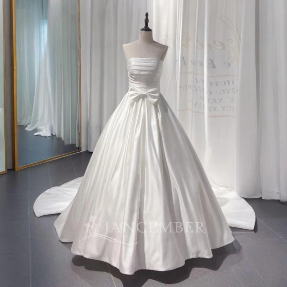 

White Tiptop Ball Gown Women Wedding Dresses Satin Court Train With Bow Bridal Gowns Strapless vestidos novias boda LSSG008