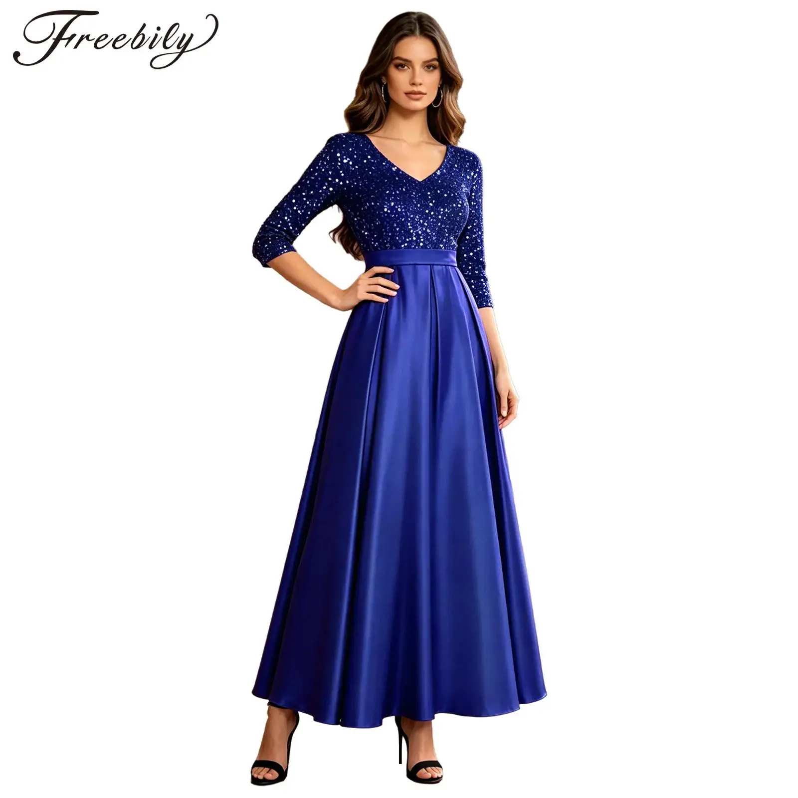 

Women V Neck Sequined Satin Maxi Dress Robe De Soiree Wedding Guest Gown Prom Banquet Evening Dresses Femme Dinner Vestidos