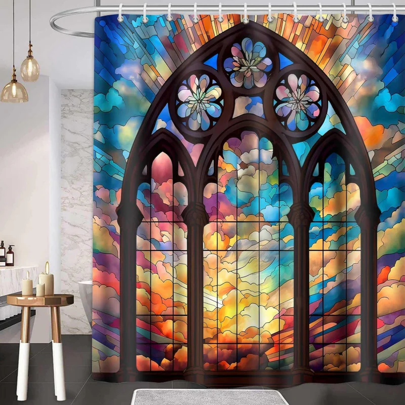 Colored Glass Window Shower Curtain Colored Church Flower Sky Waterproof Shower Curtain Covering Punch-Free