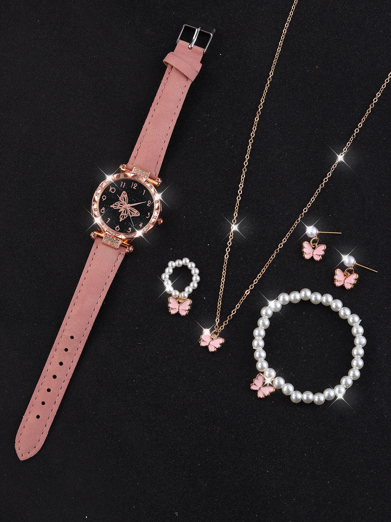 Pink Classic Lace Large Butterfly Ladies quartz watch with beaded butterfly necklace set analog watch gift everyday wear pieces