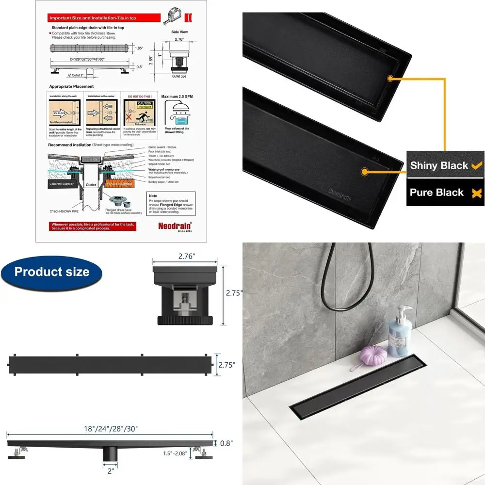 18-Inch Linear Shower Drain with Dual Lat & Tile Insert, Sleek Black Cover, Adjustable Leveling Feet, Hair Strainer
