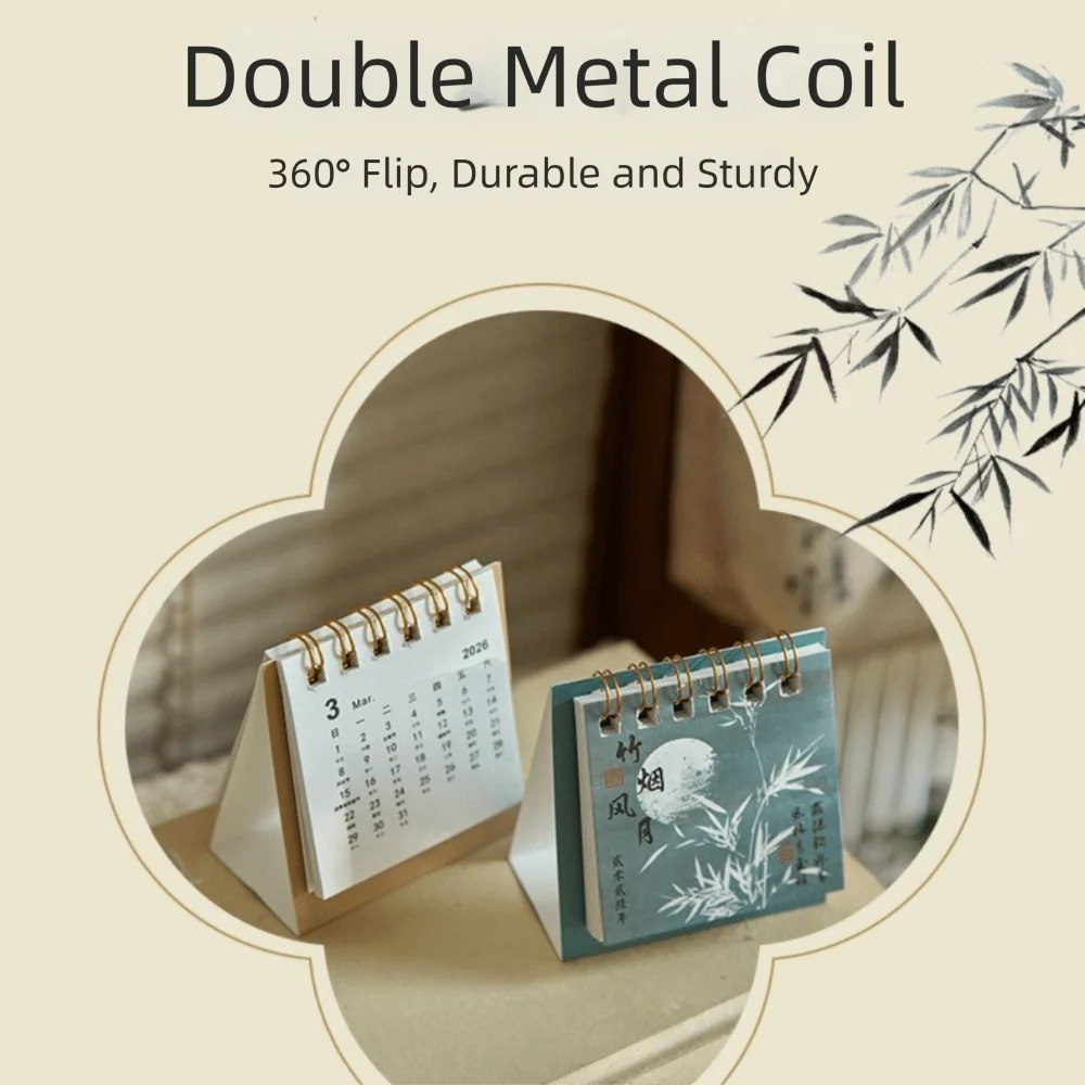 Month Date Display 2026 Mini Desk Calendar Chinese Style Ink Wash Painting Monthly Planner Solid Color Coil Binding